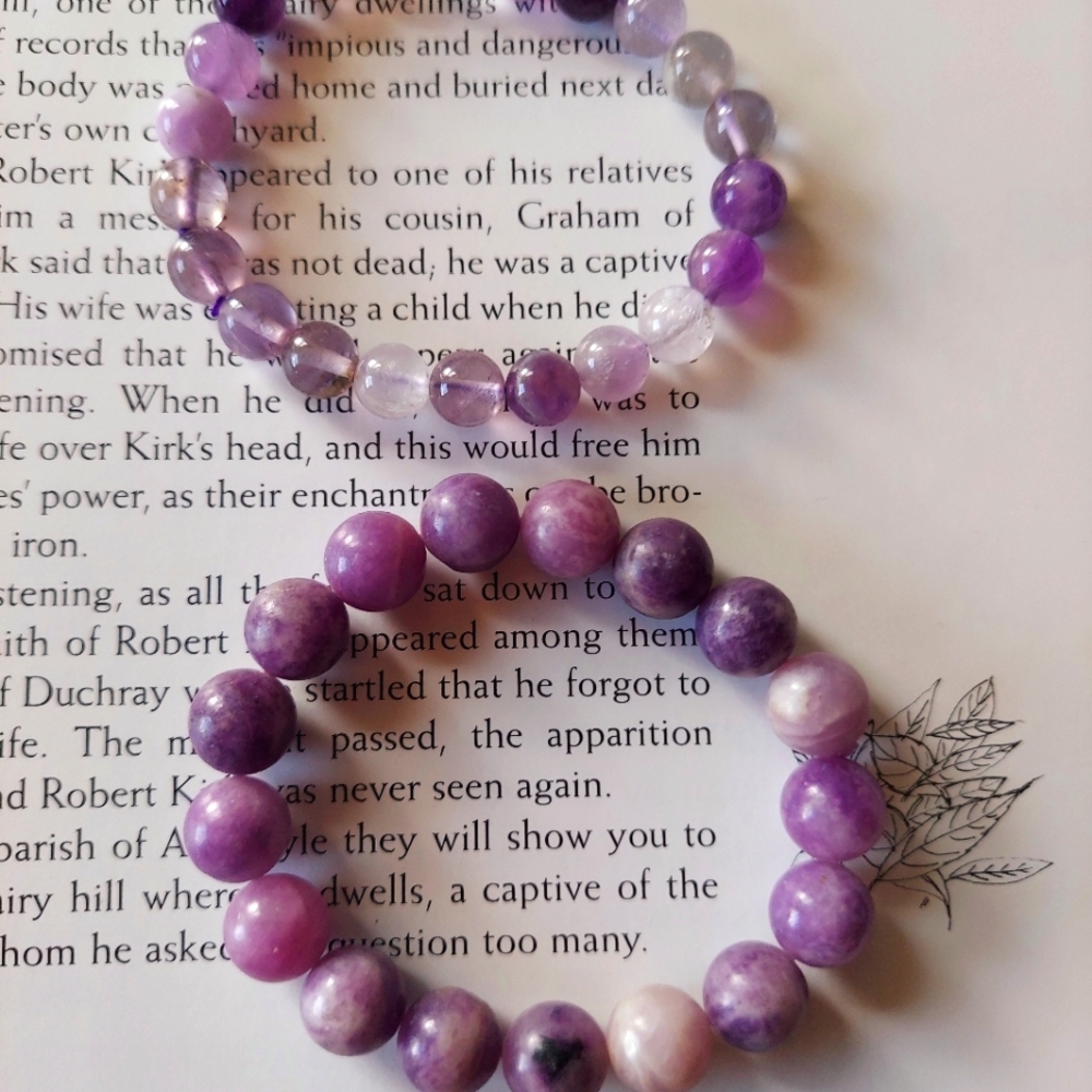 Amethyst and Lepidolite gemstone bracelets set
